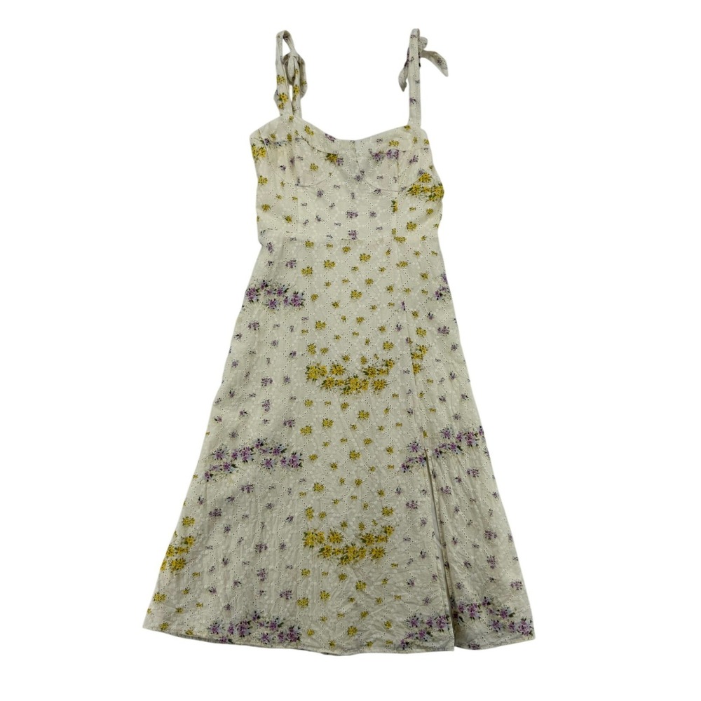 Steve Madden Floral Eyelet Midi Dress Womens 2 White Yellow Excellent Tie Strap